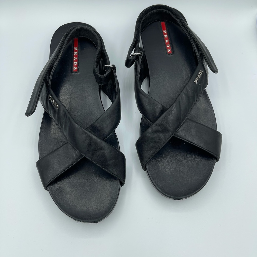 Prada sport leather crossover straps flat sandals